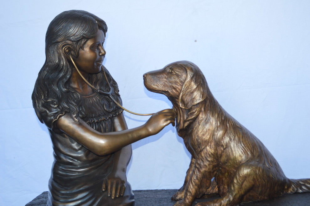 Girl plays Doctor on a Bench W Dog Bronze Statue -  Size: 38"L x 18"W x 39"H.