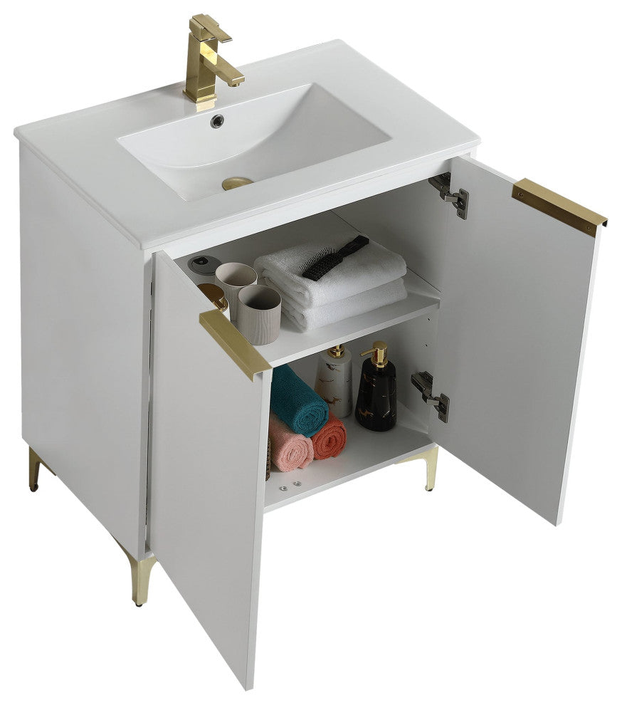 Wilmington Bath Vanity, White Matte, 30 Inch, Satin Brass Hardware