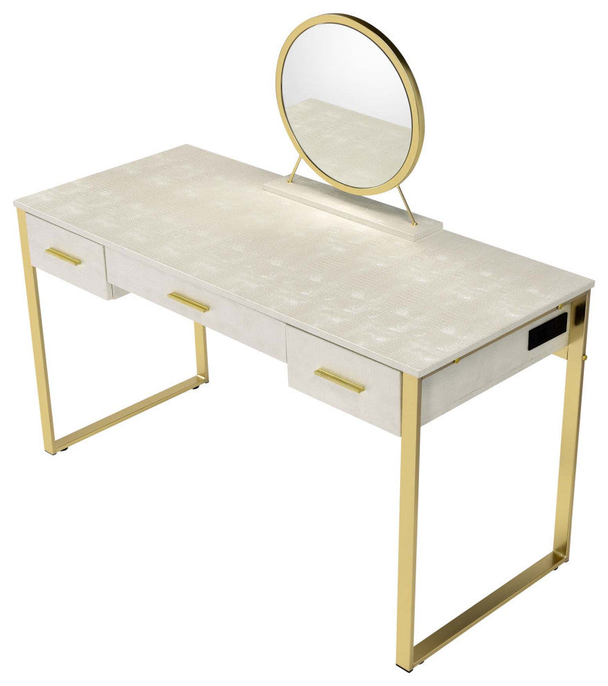3 Drawers Vanity Desk With Mirror, Antique White and Champagne
