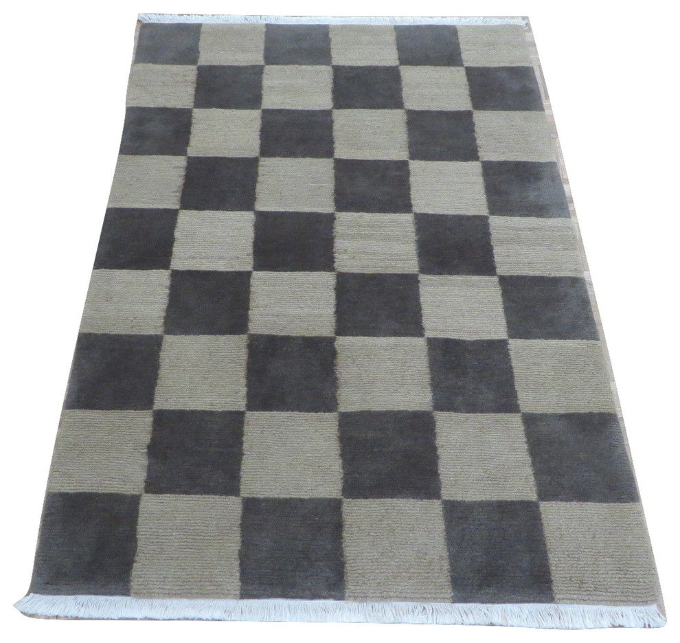 4x6 Handmade Checkered Brown Gold Tufenkian Tibetan Oriental Rug