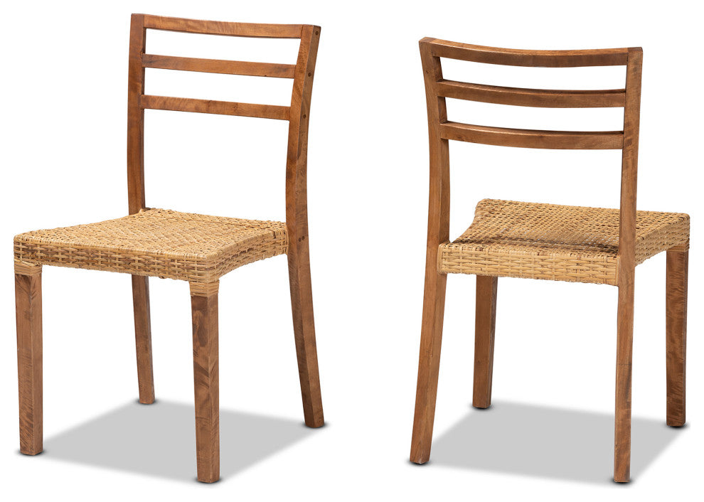 Arthur Modern Walnut Brown Finished Wood and Natural Rattan Dining Chair Set