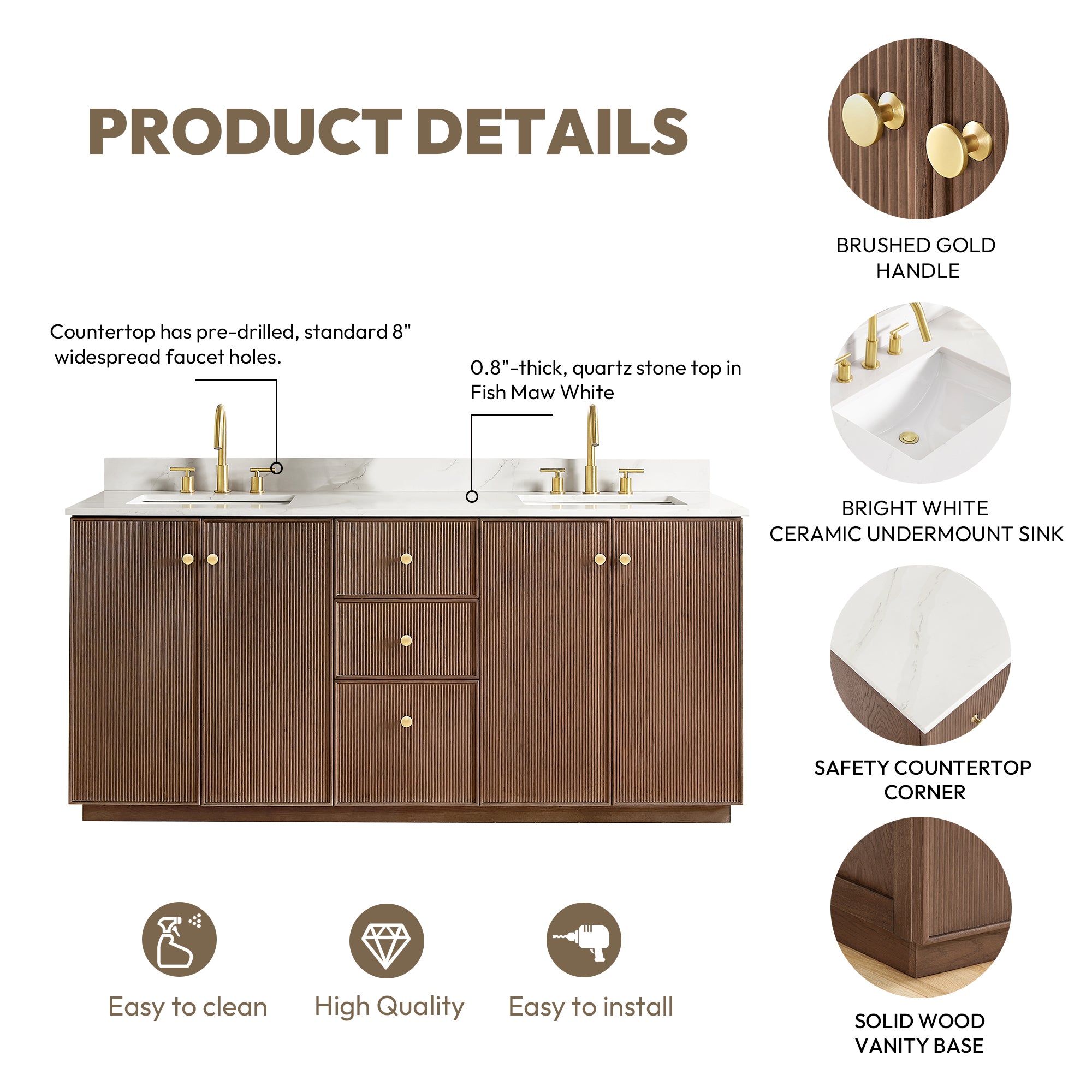 Oza Bath Vanity with Quartz Stone Top, Aged Dark Brown Oak, 72", Double Vanity, No Mirror