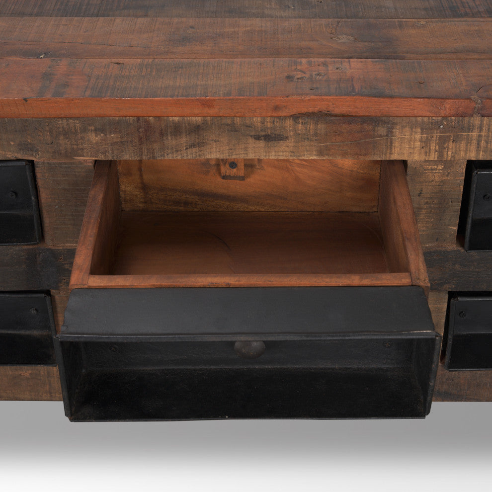 Wilton Brown Wood With 12 Black Metal Drawers Coffee Table