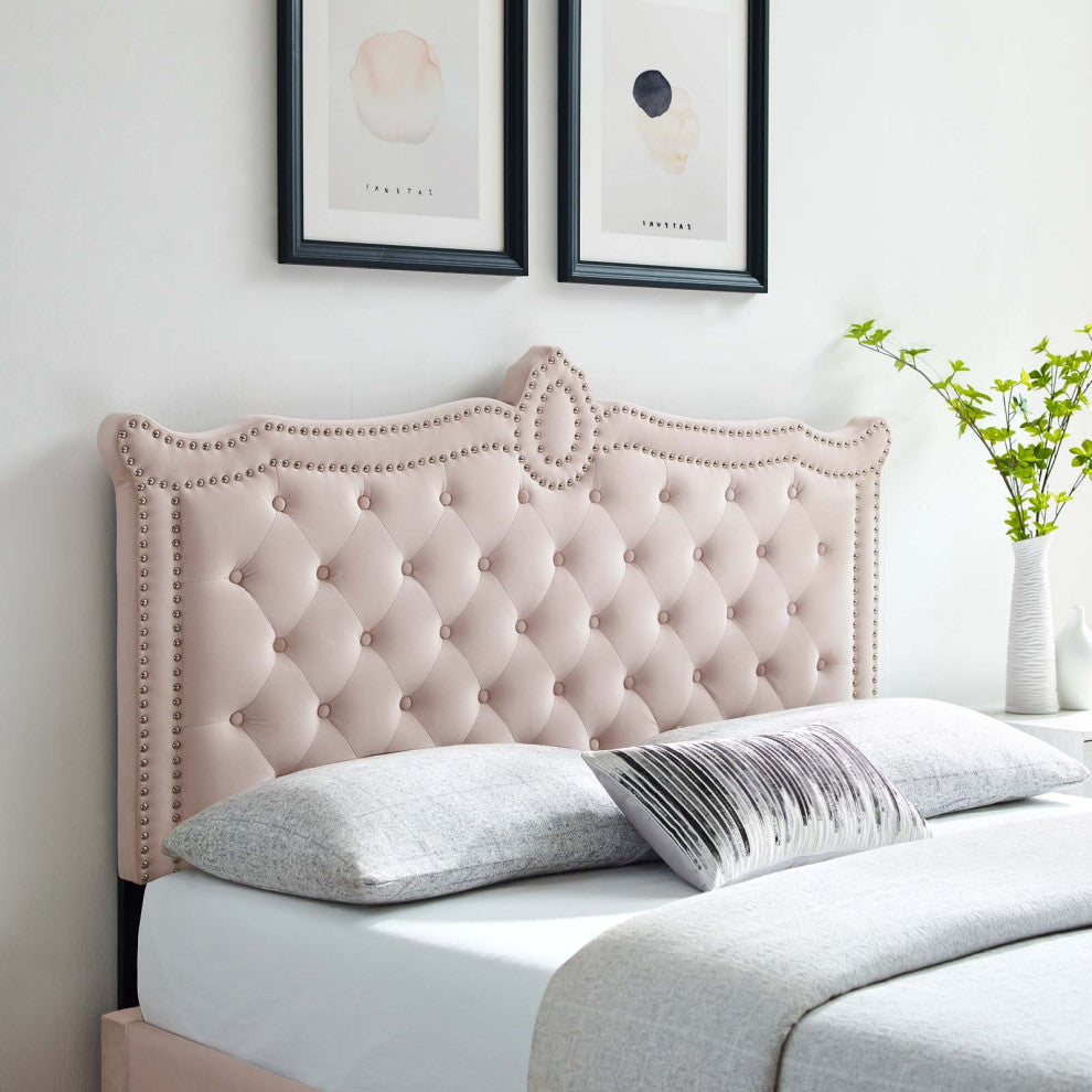 Tufted Headboard, Nailhead, King California Size, Pink, Velvet, Modern
