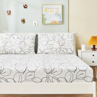 Tache Modern Leaf Foliage Abstract White Grey Black Bottom Fitted Sheet, Cal Kin