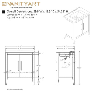 Vanity Art Bathroom Vanity With Sink, White, 30", Single Sink, Brushed Nickel