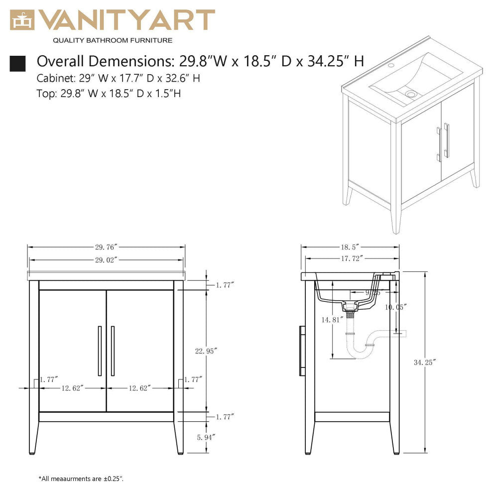 Vanity Art Bathroom Vanity With Sink, White, 30", Single Sink, Brushed Nickel