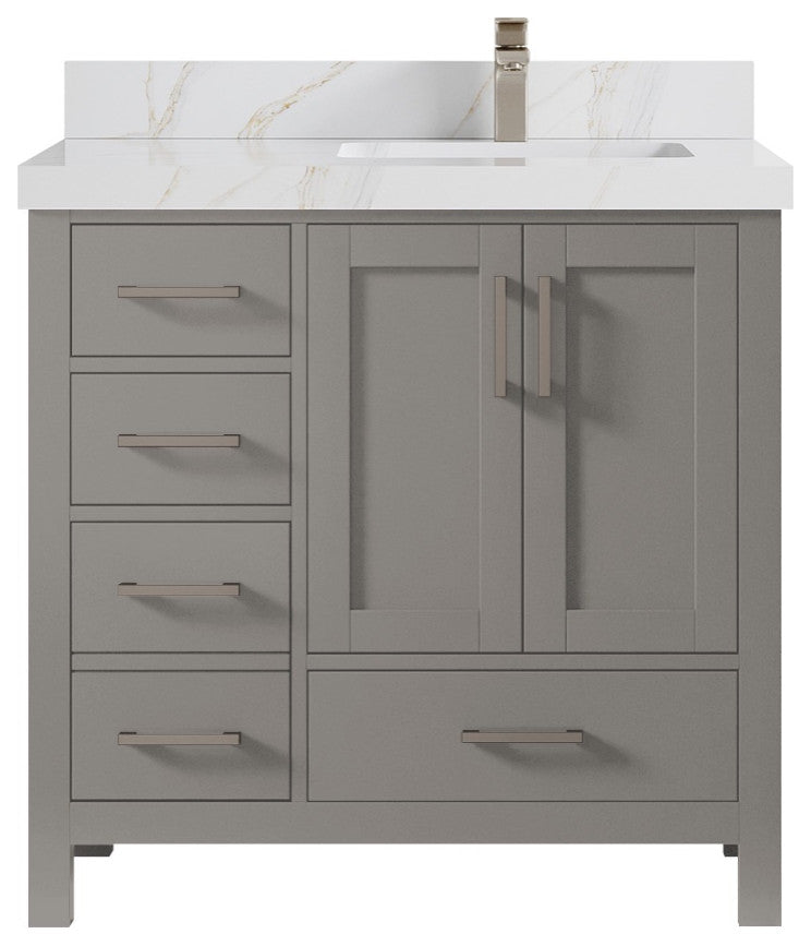 Malibu 36 Right Offset Bath Vanity in Elephant Skin Gray 2" Calacatta Sienna