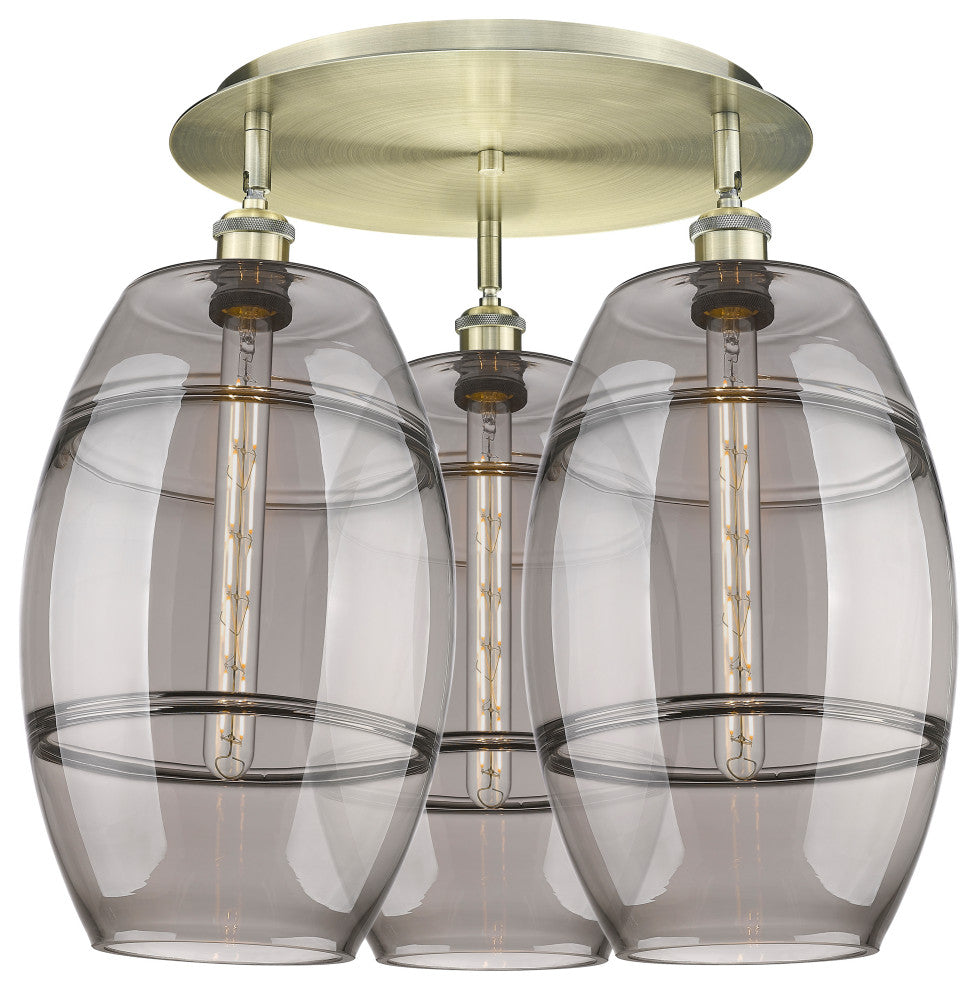 Ballston-Vaz 3-Light 22" Flush Mount, Antique Brass, Light Smoke