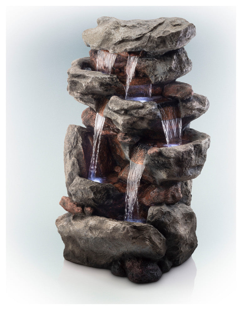 52" Tall Outdoor 5-Tier Rainforest Rock Water Fountain with LED Lights