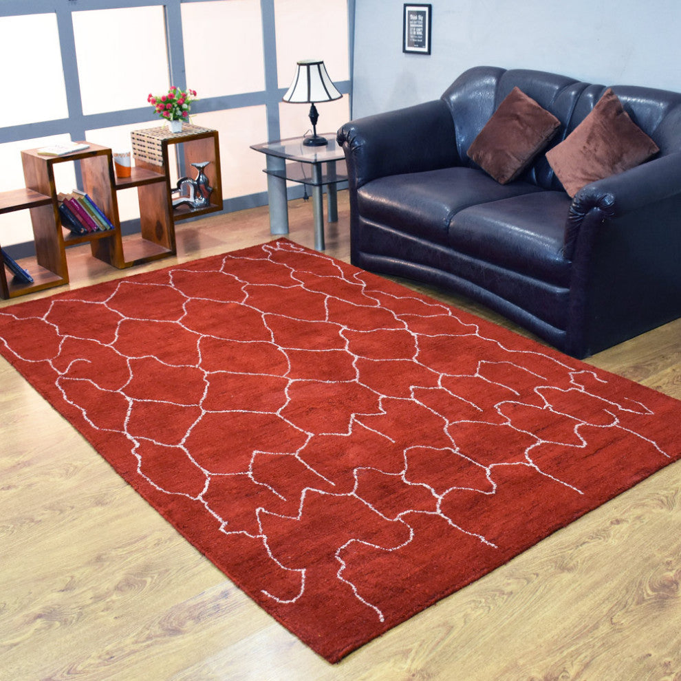HAND KNOTTED LOOM SILK ECO-FRIENDLY RUG-5'x8',Rectangle,Red White,Contempor