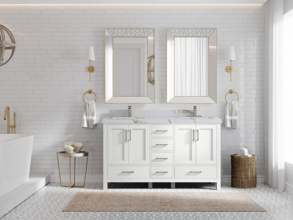 Malibu 60 Double Sink Bathroom Vanity in White  2" Calacatta Gold
