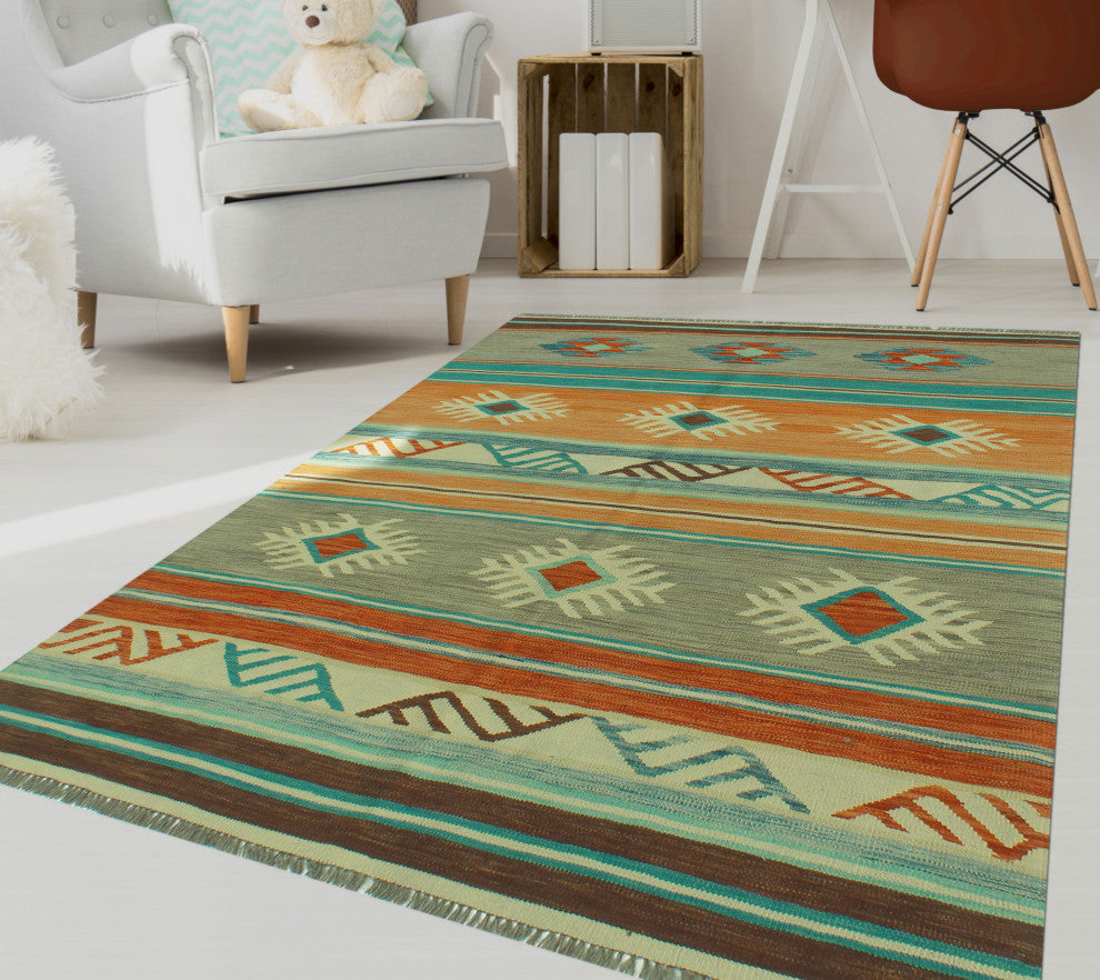 Winchester Kilim Chaimae Orange/Blue Rug, 3'10x6'9
