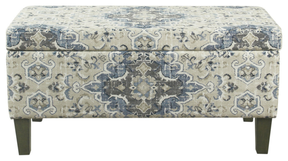 Benzara BM195785 Medallion Print Fabric Upholstered Wood Bench With Storage Blue