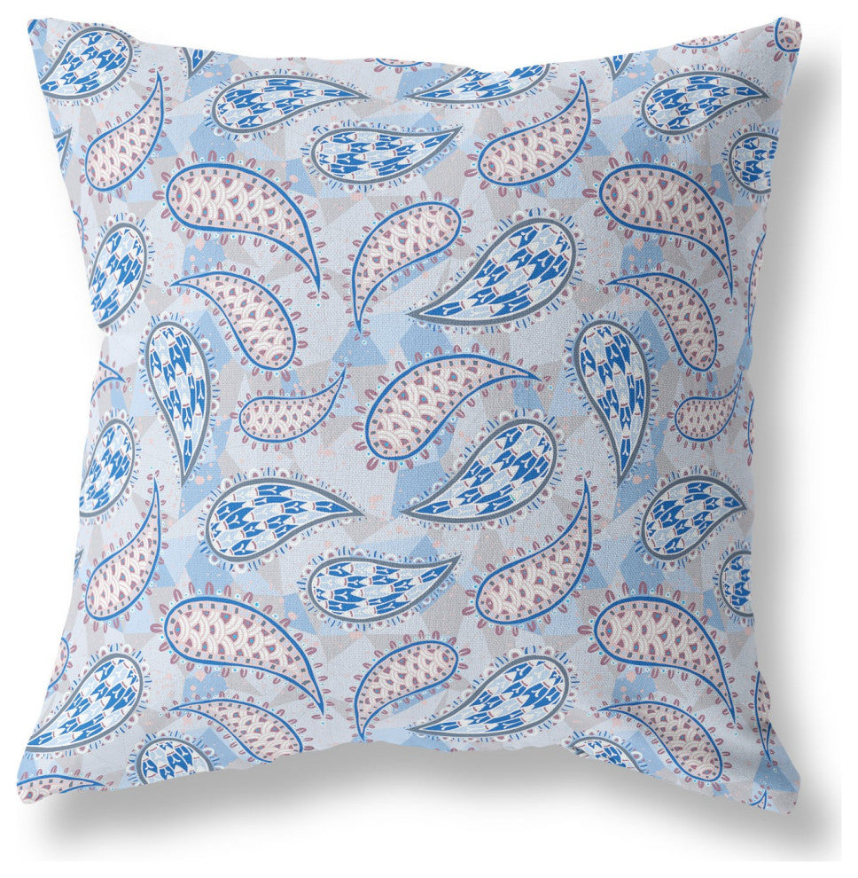 16" Blue Gray Boho Paisley Indoor Outdoor Throw Pillow