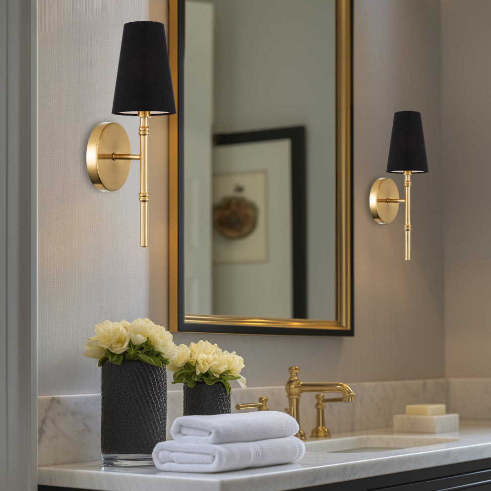Kira Home Torche II 15" Wall Sconce/Wall Light + Black Linen Shade, Cool Brass