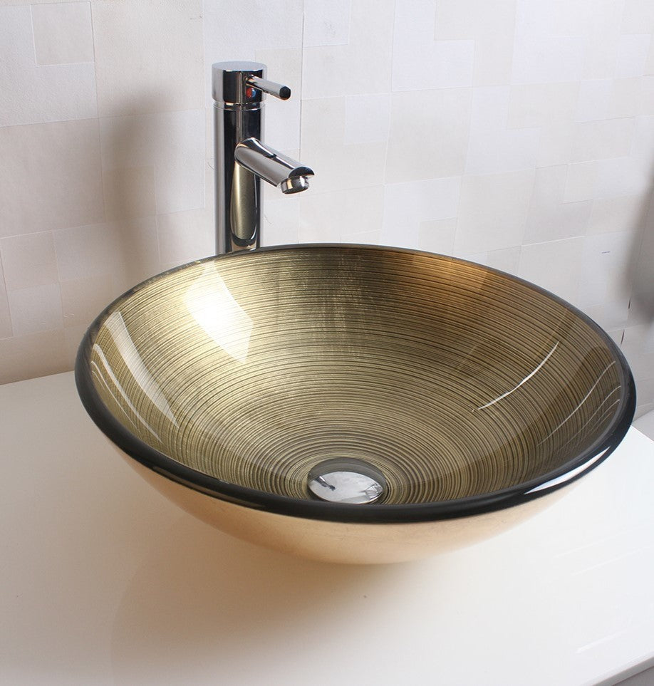 Glass Round Vessel Bathroom Sink With Faucet