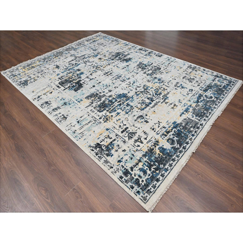 Ivory and Blue Hand Knotted Soft Wool Persian Design Oriental Rug  8'10"x12'