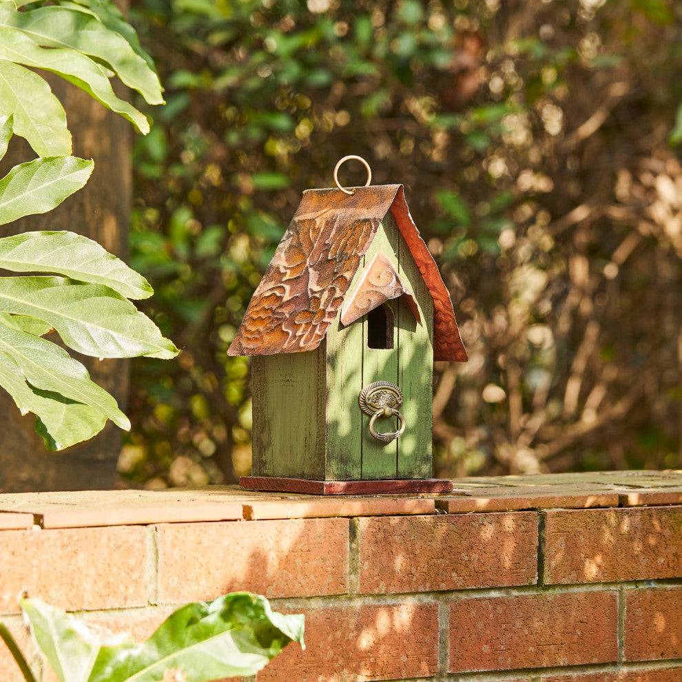 4.09"H Rustic Garden Distressed Wooden Birdhouse, Door Knocker Ring