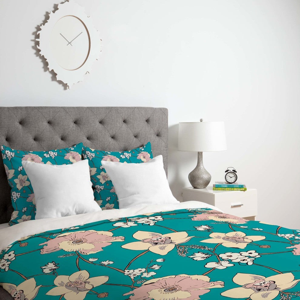 Deny Designs Rachelle Roberts Painted Poppy In Turquoise Duvet Cover - Lightweig