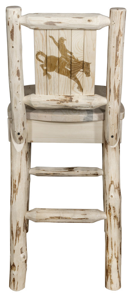 Montana Counter Height Barstool With Laser Engraved Bronc, Clear Lacquer Finish