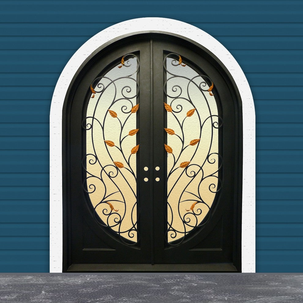Round Top Gold Leaf Dual Door With Frame and Threshold 72"x96", Matte Black