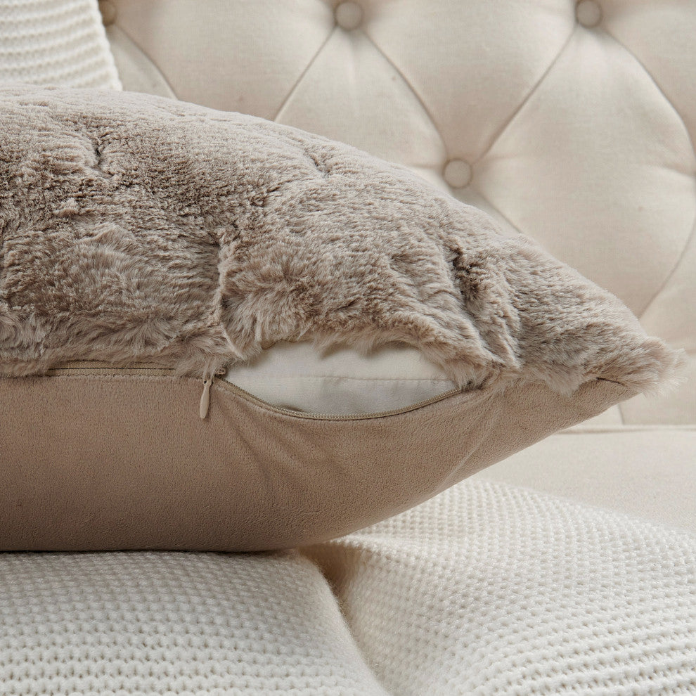 Jacquard Rabbit Faux Fur Pillow Cover 2 Piece Set, Taupe, 20" X 20"