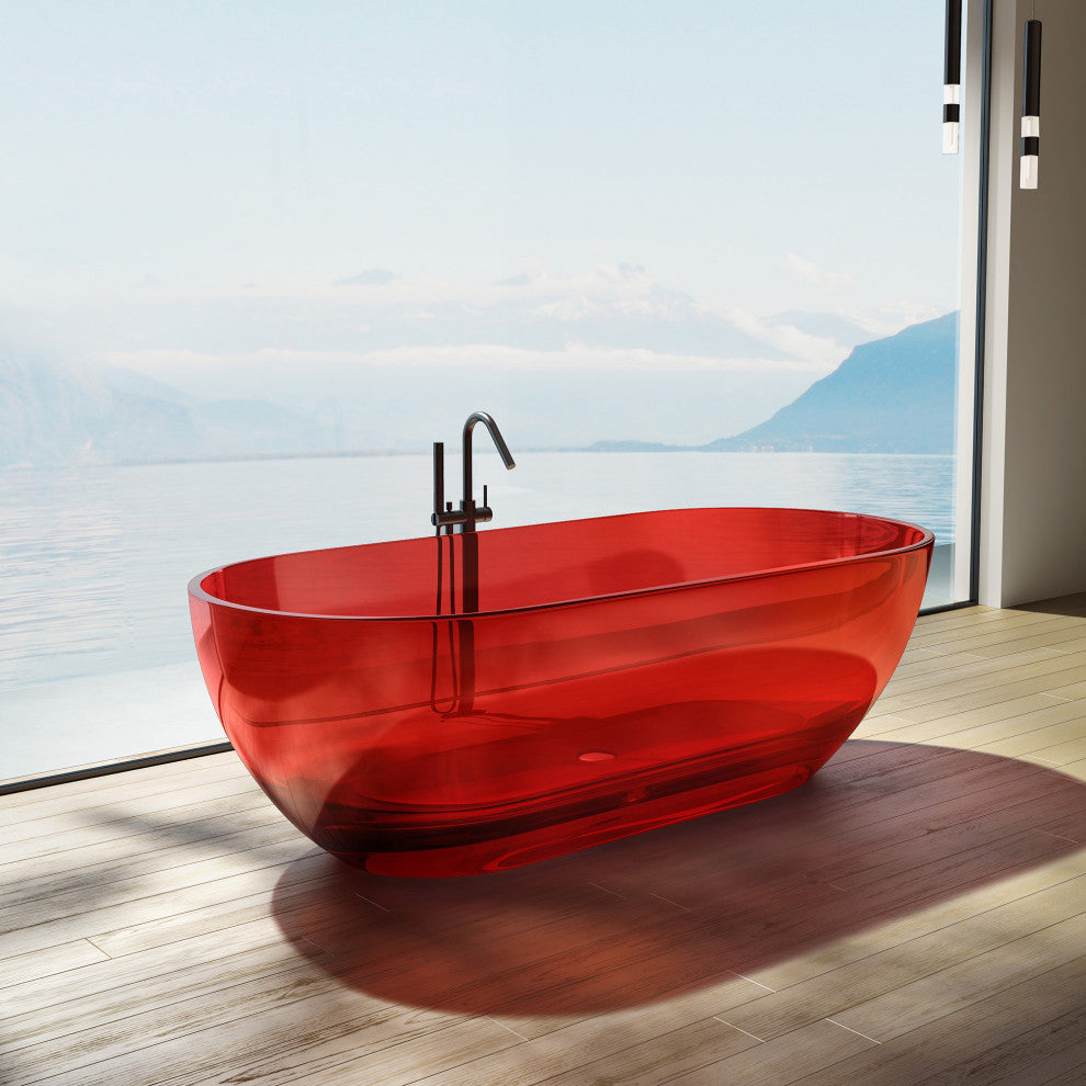 69" Solid Surface Freestanding Flatbottom Soaking Bathtub, Red