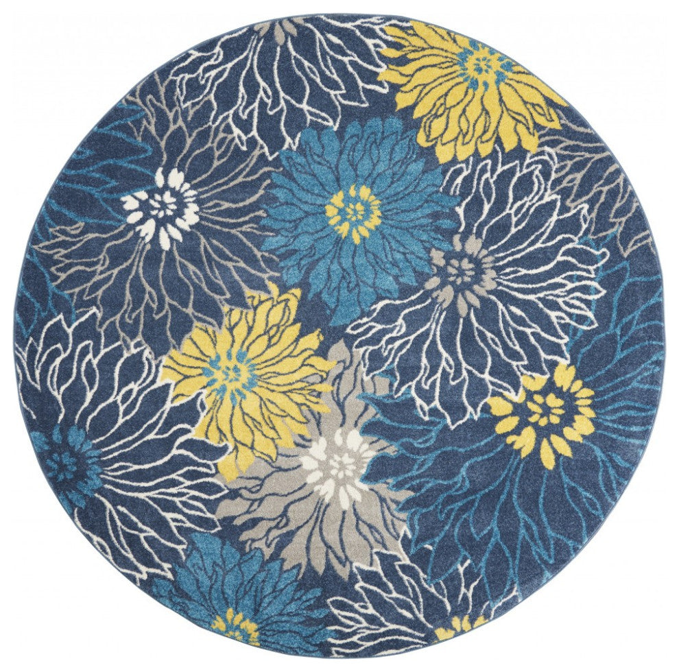 8 Round Blue Tropical Flower Area Rug