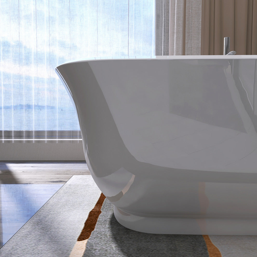 Acrylic Oval Freestanding Flatbottom Soaking Bathtub in Glossy White, 67"31"