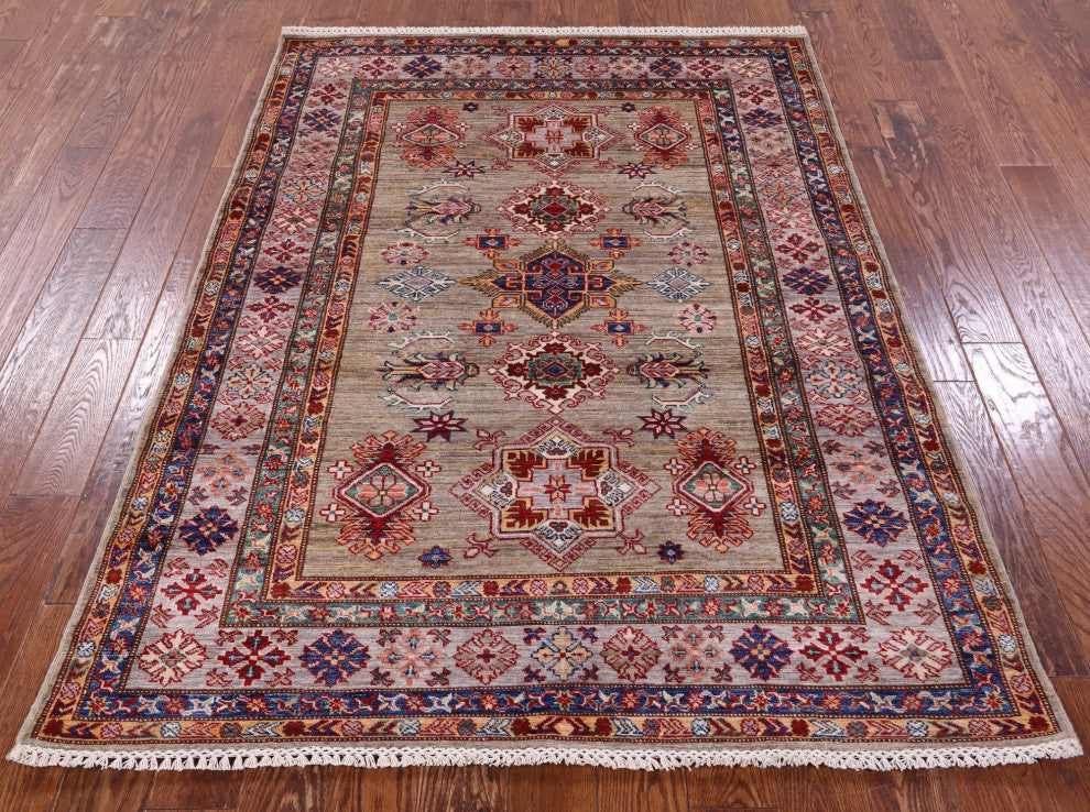 4' 11" X 6' 7" Super Kazak Geometric Hand-Knotted Wool Rug - Q12845