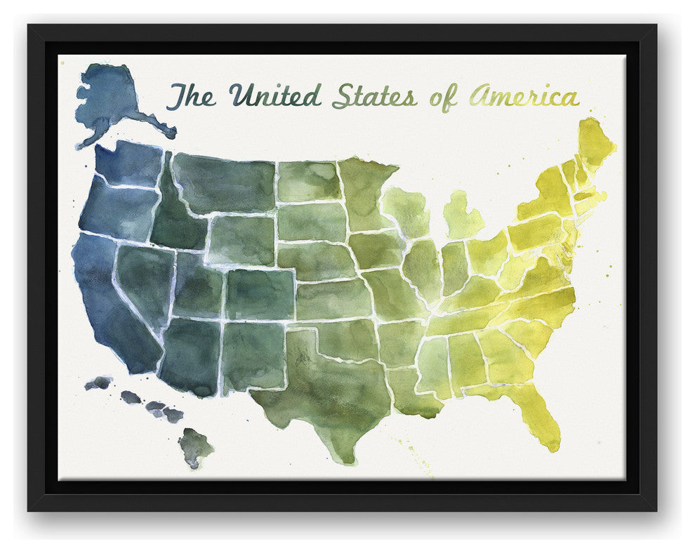 United States Blue and Green Watercolor Map 12x16 Black Floating Framed Canvas