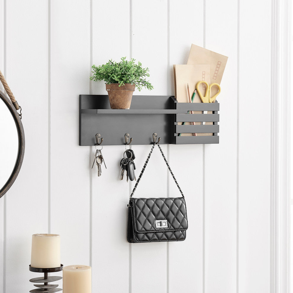 Danya B. Utility Shelf With Pocket and Hanging Hooks, Black