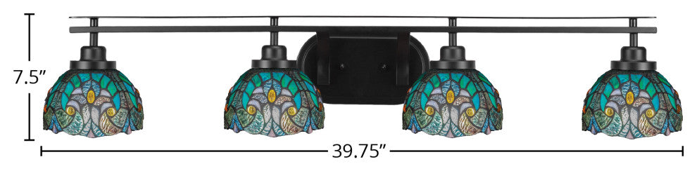 Odyssey 4 Light Bath Bar, Matte Black Finish, 7" Turquoise Cypress Art Glass