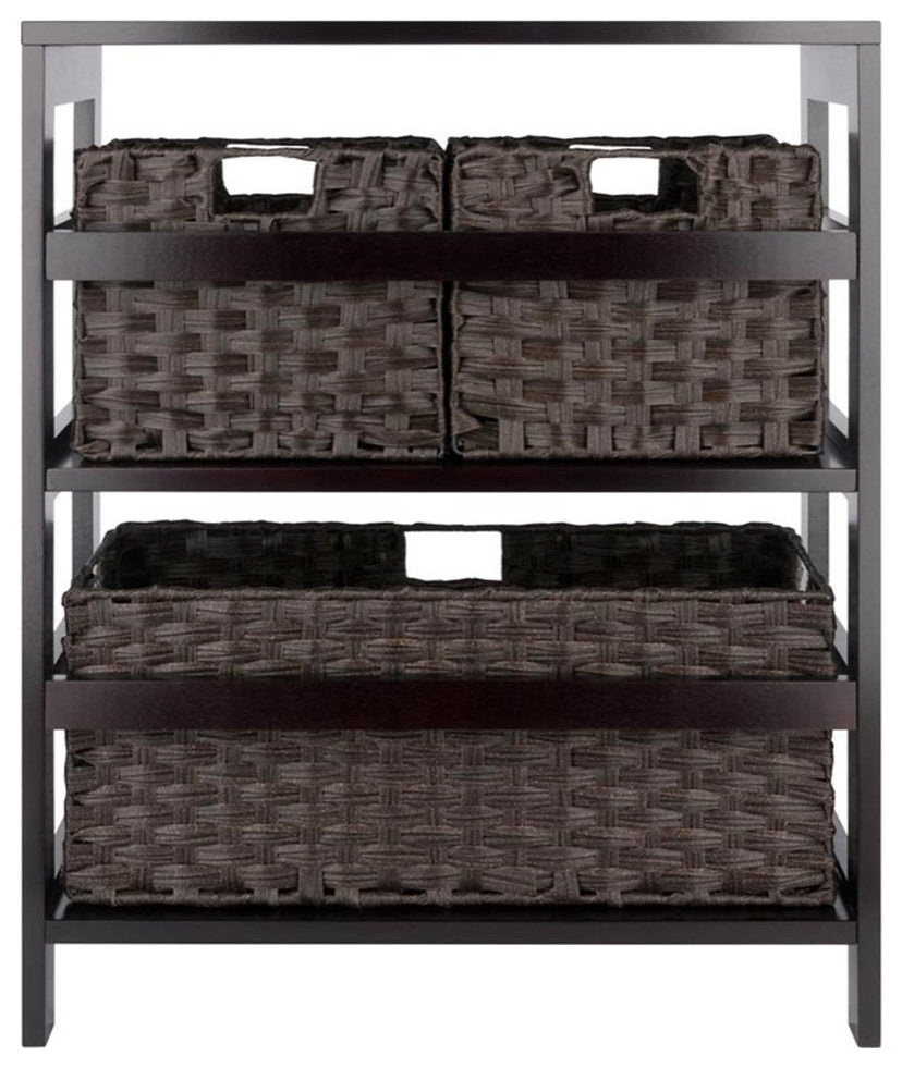 Leo 4-PieceStorage Shelf With 3 Foldable Woven Baskets, Espresso and Chocolate