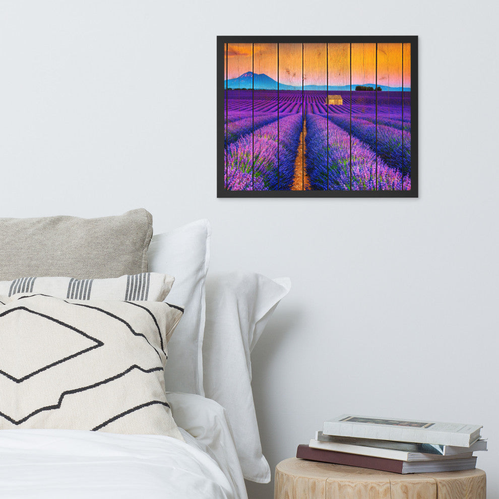 Faux Wood Lavender Fields and Sunset Landscape Framed Photo Paper Wall Art Print, Black, 16" X 20"