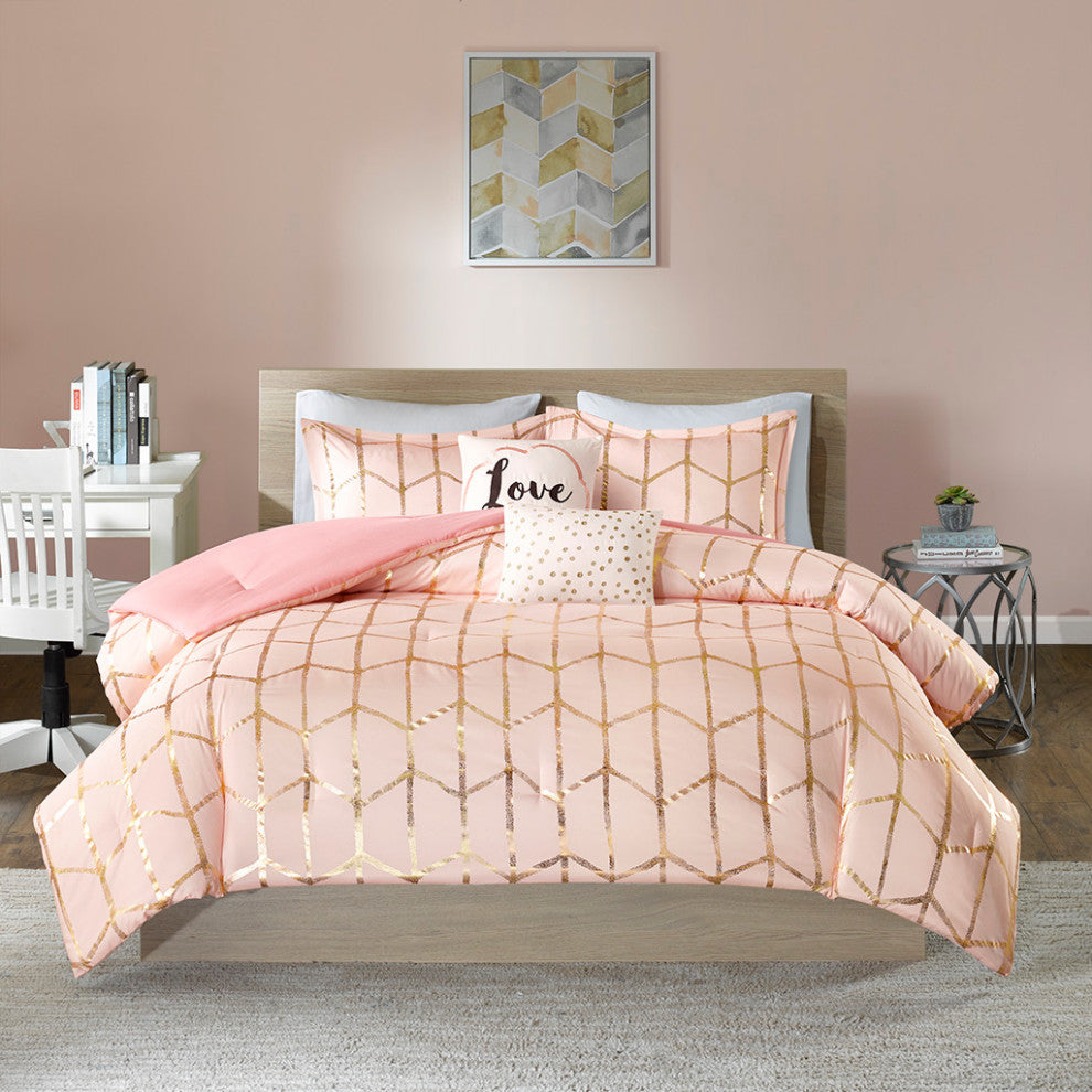 Intelligent Design Raina Metallic Printed Comforter Set, Blush/Gold