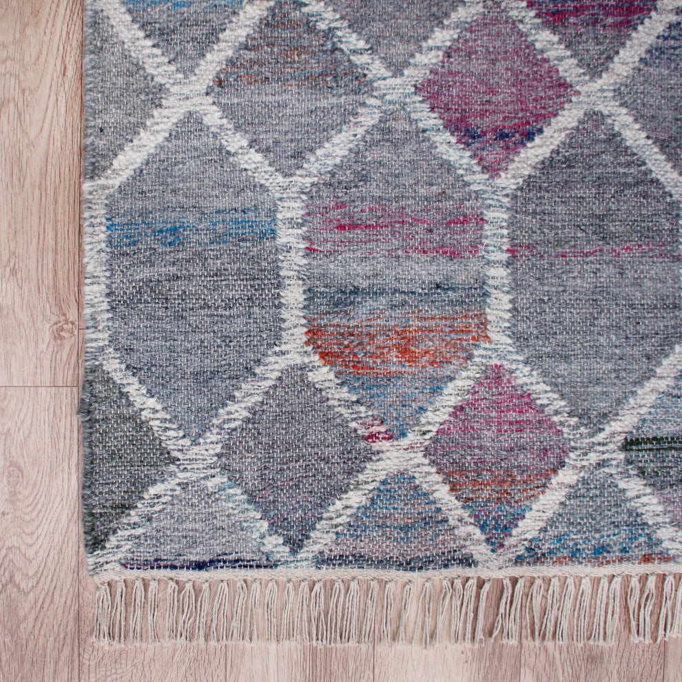 Multicolored Mosaic Lattice Handwoven Wool Dhurrie Area Rug, 7'9" X 9'9"