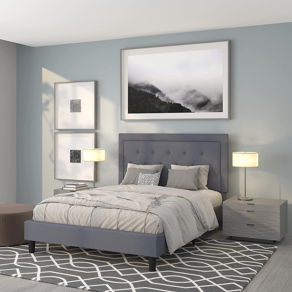 Contemporary Queen Platform Bed, Plywood Frame & Tufted Headboard, Light Grey