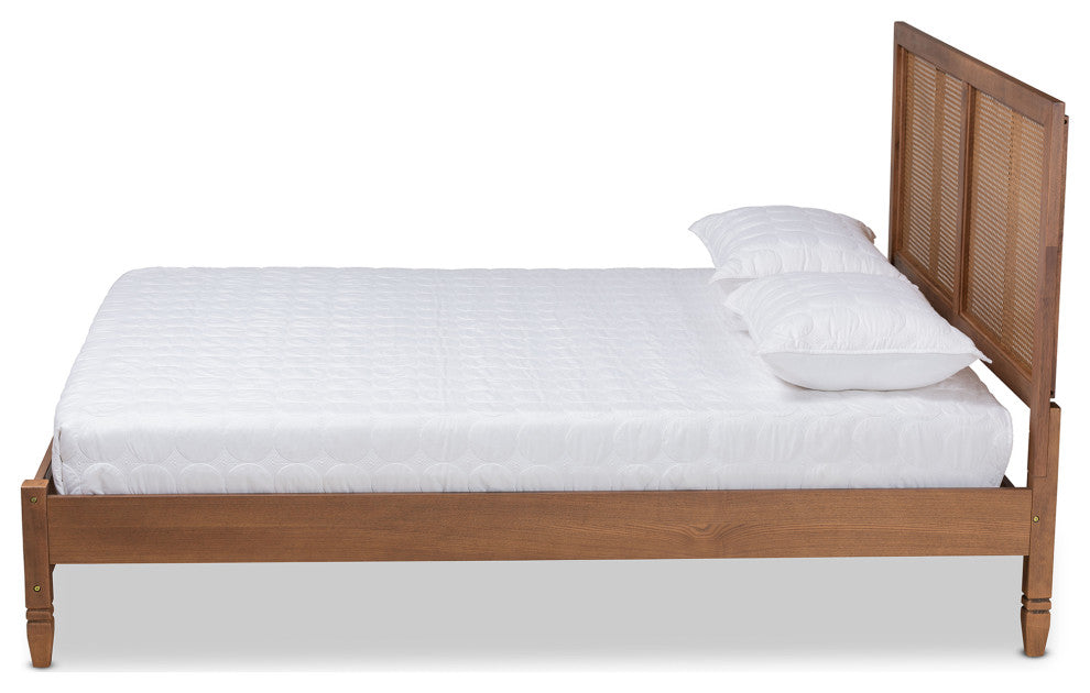 Redmond Mid-Century Brown Finished Wood Synthetic Rattan King Size Platform Bed