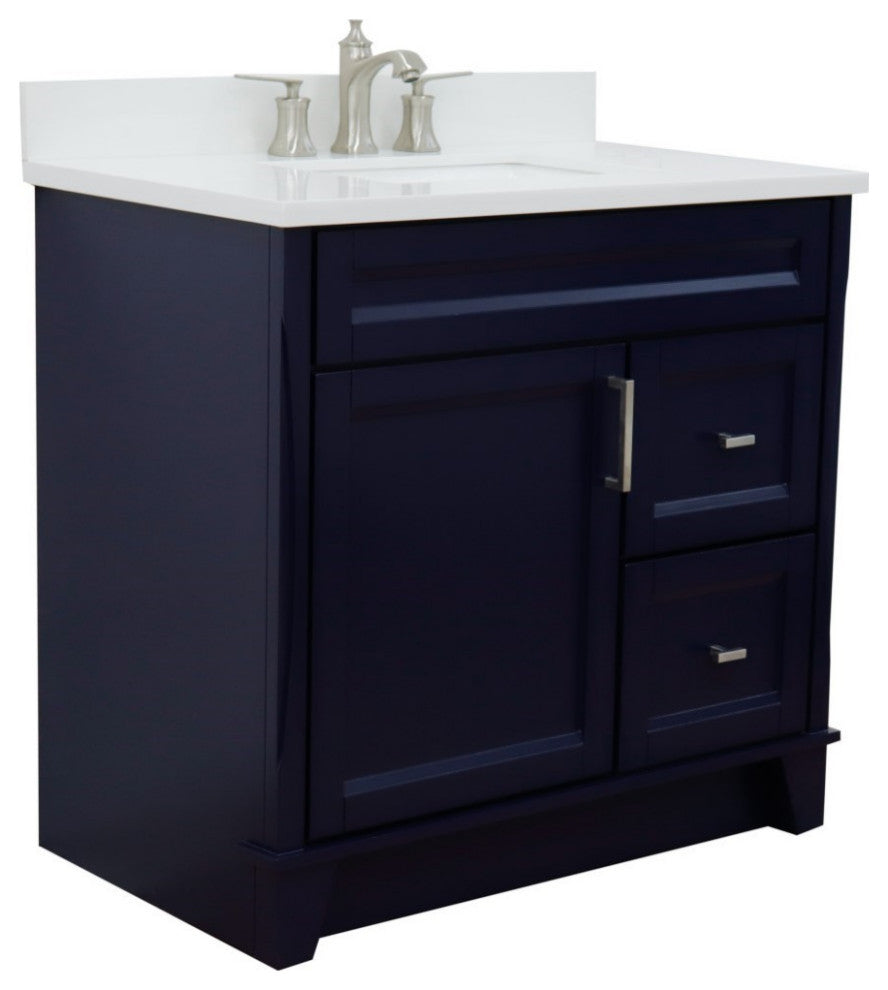 37" Single Sink Vanity, Blue Finish With White Engineered Stone Top