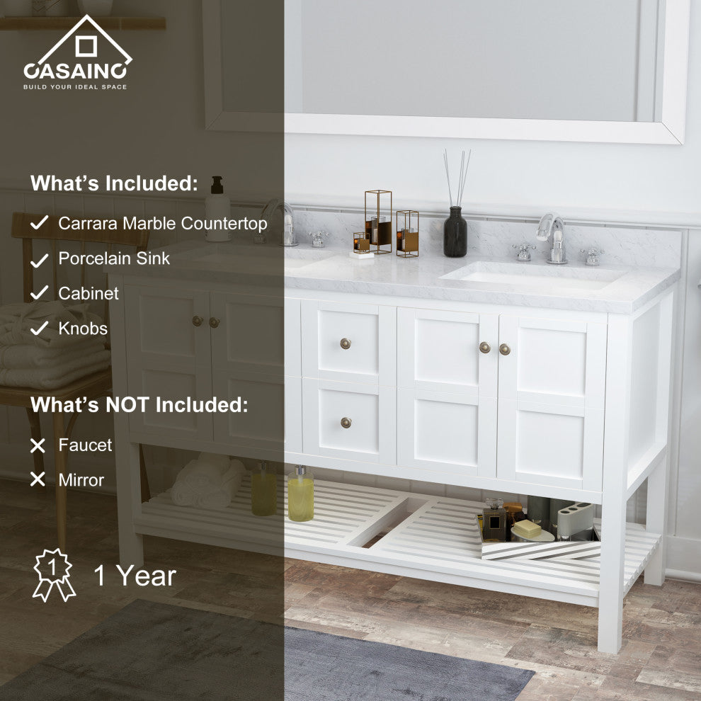 CASAINC 60" Marble Top Luxury Double Sink Bathroom Vanity, White