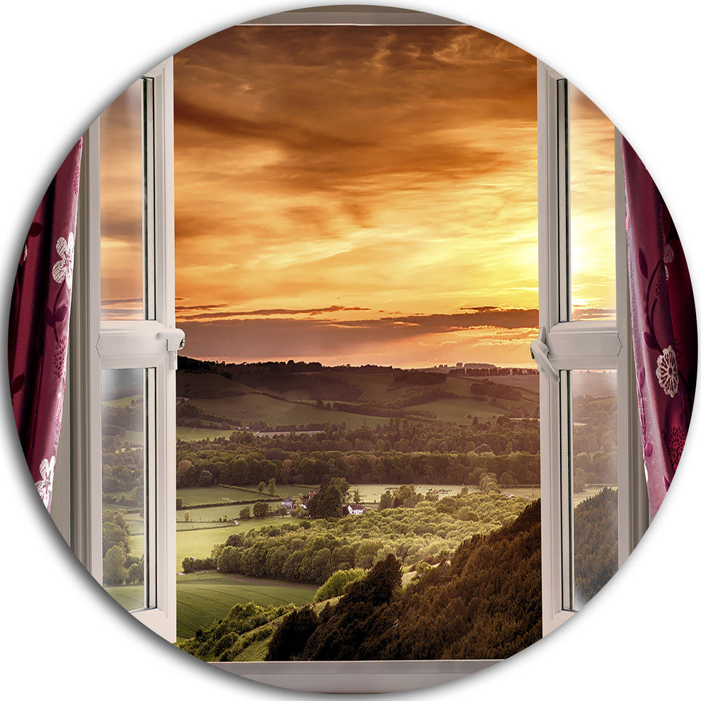 Open Window To Rural Landscape, Contemporary Disc Metal Wall Art, 36"
