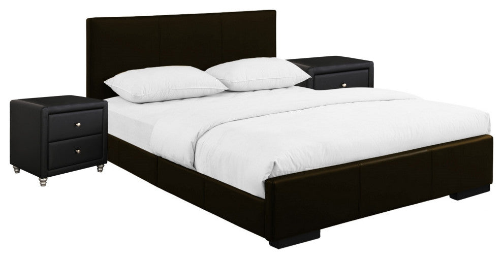Brown Upholstered Platform King Bed With Two Nightstands