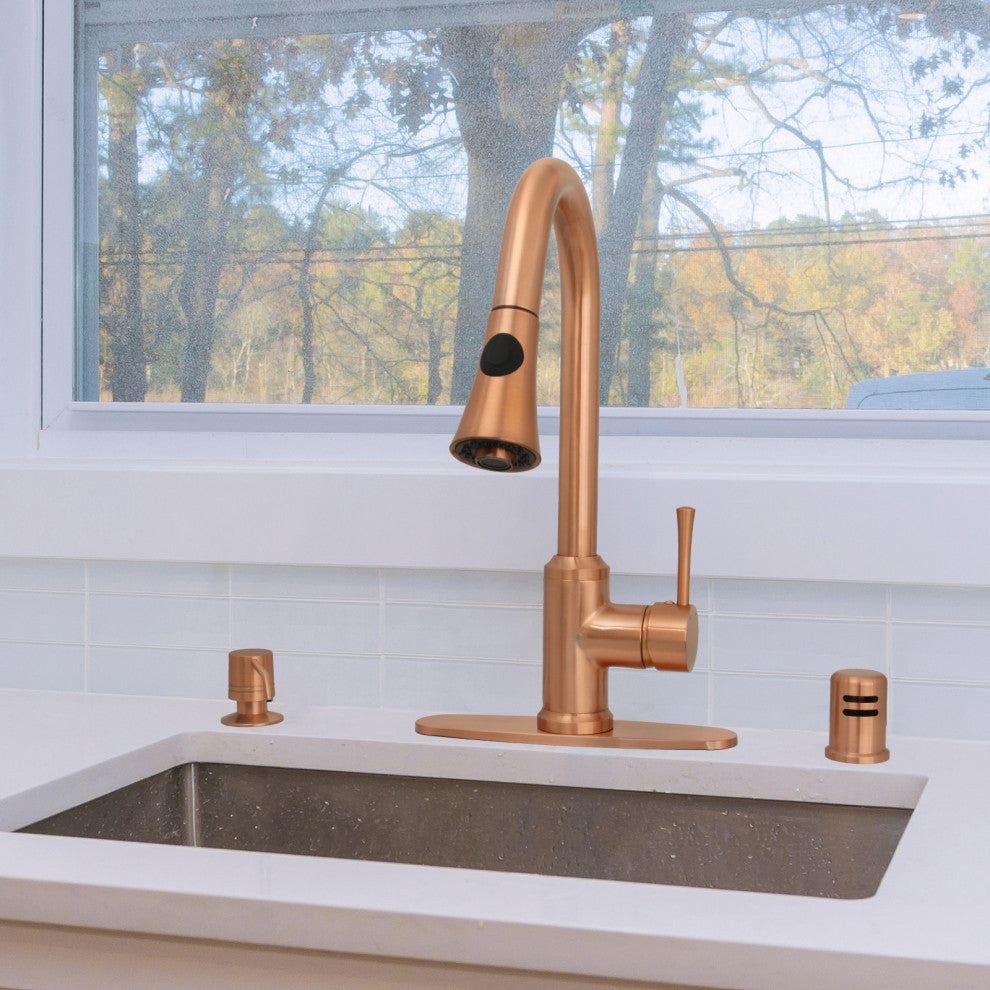 Copper Pull Down Kitchen Faucet With Deck Plate, Single Level Brass Si