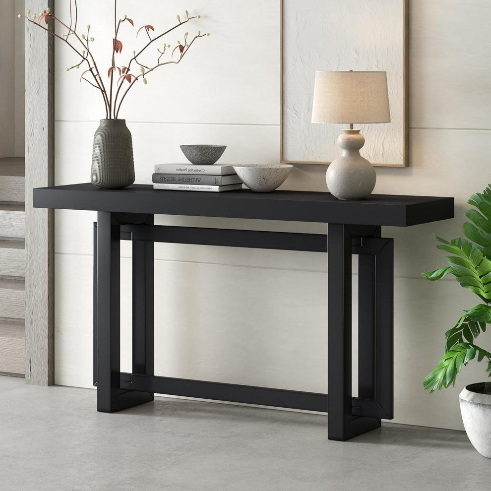 Modern Pine Console Table With Concrete-Style Top & Sleek Angular Base, Black