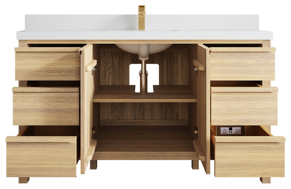 Elizabeth Oak 60" Single Sink Vanity, White 2" White Quartz