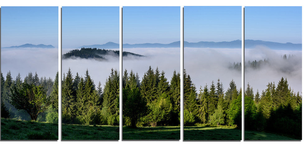 "Green Trees and Fog Over Mountains" Landscape Wall Artwork, 5 Panels