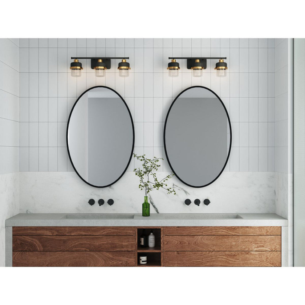 Beckner 3-Light Matte Black Clear Glass Bath Light With Vintage Brass Accents