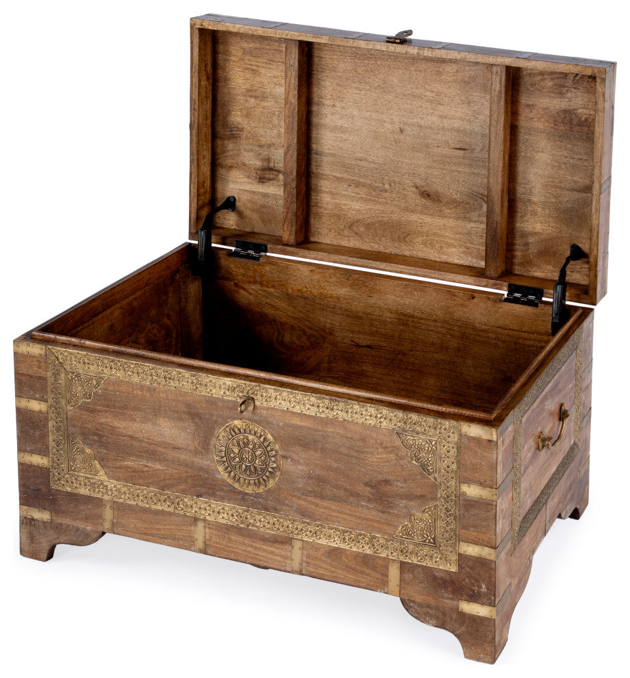 Nador Hand-Painted Brass Inlay Storage Trunk Coffee Table, Sierra Brown
